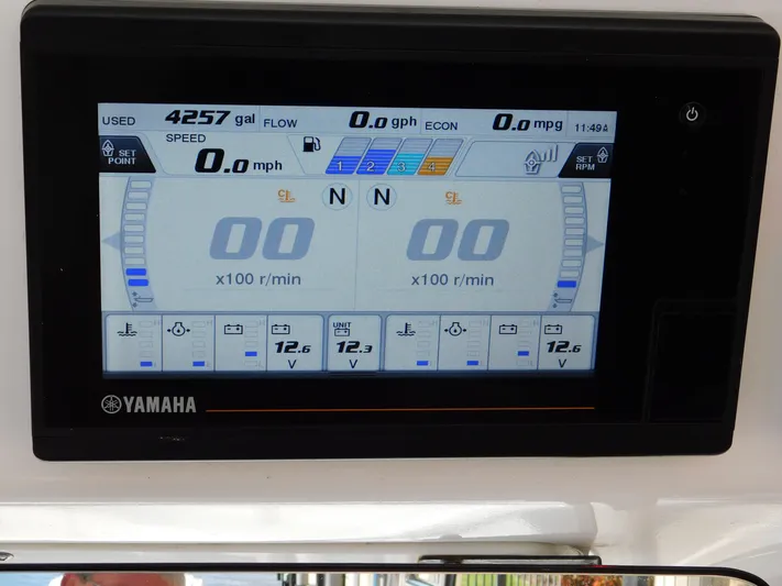 Out To Lunch Yacht Photos Pics Yamaha engine display on a 2019 Everglades 340 DC boat showing various metrics.