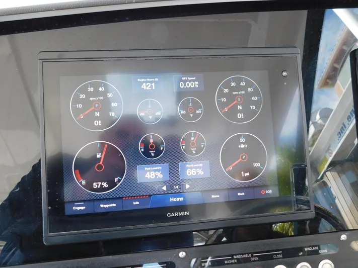 Out To Lunch Yacht Photos Pics Garmin display on 2019 Everglades 340 DC boat showing engine and system metrics.