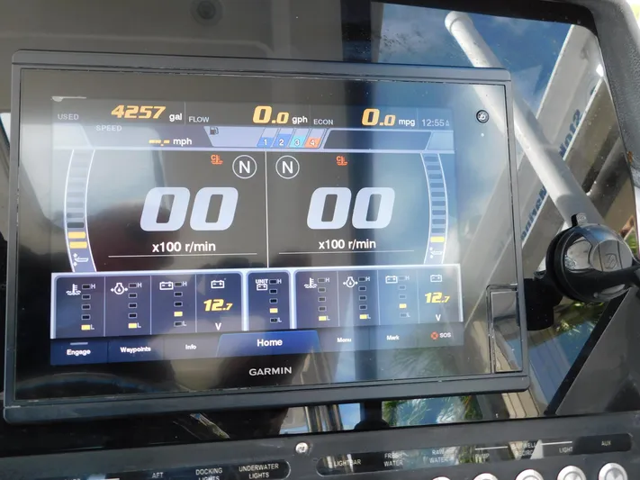 Out To Lunch Yacht Photos Pics Garmin display on 2019 Everglades 340 DC boat showing engine and navigation data.