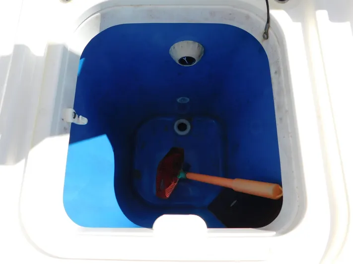 Out To Lunch Yacht Photos Pics Livewell compartment of a 2019 Everglades 340 DC boat with a net inside.