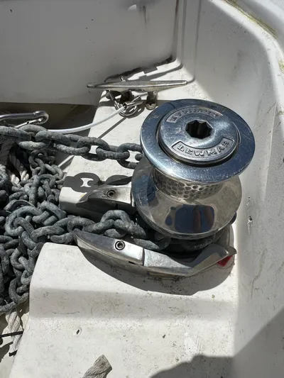 Wind Hunter Yacht Photos Pics Anchor windlass on 2013 Hunter 33 sailboat deck with chain.