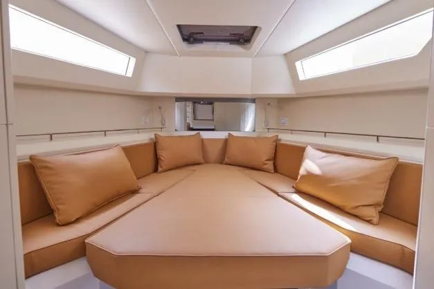  Yacht Photos Pics Luxurious interior of 2024 Evo Yachts R4+ with plush seating and modern design.