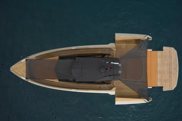  Yacht Photos Pics Aerial view of 2024 Evo Yachts R4+ luxury yacht on water.