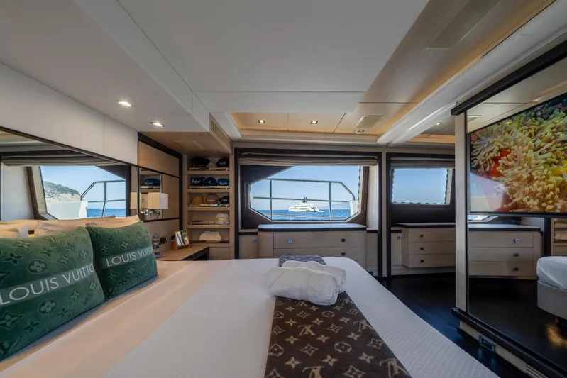 Horizon Yacht Photos Pics Luxurious bedroom interior on a 2016 Benetti 93' yacht with ocean view and designer decor.