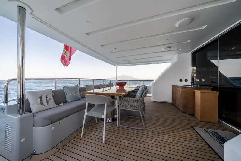 Horizon Yacht Photos Pics Luxurious Benetti 93' yacht deck with elegant seating, dining area, and ocean view, 2016 model.