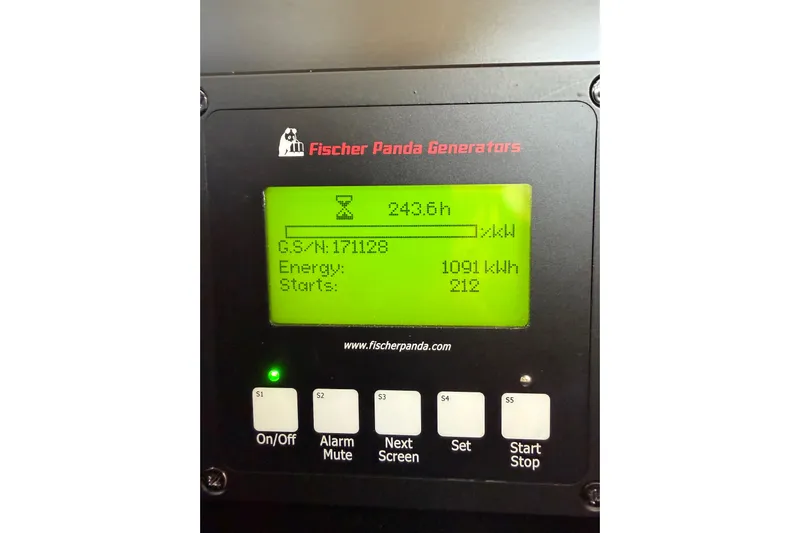 Tonga Time Yacht Photos Pics Fischer Panda generator display showing 243.6 hours, 1091 kWh energy, on an Aquila 44, 2019 model.