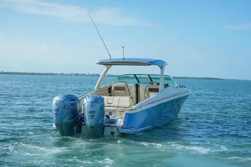  Yacht Photos Pics 2019 Chris-Craft Launch 35 GT OB boat with twin Yamaha 425 V8 engines on open water.