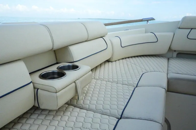  Yacht Photos Pics Luxurious seating on 2019 Chris-Craft Launch 35 GT OB with cup holders, ocean view.