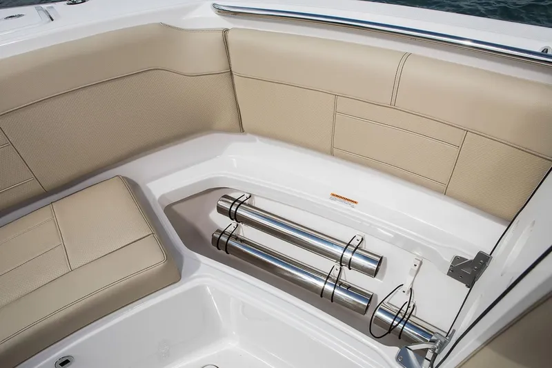 Amuninni Yacht Photos Pics Manufacturer Provided Image: 2021 Pursuit S 328 Sport boat interior seating and storage compartment.
