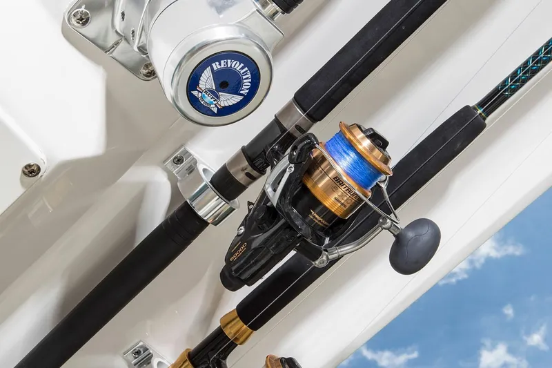  Yacht Photos Pics Manufacturer Provided Image: Fishing rods and reel on a 2023 Pursuit S 328 Sport boat.