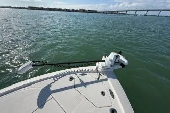  Yacht Photos Pics 2024 SeaVee 270Z boat on water with bridge in background.