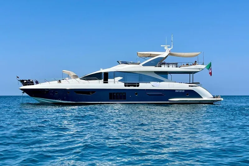  Yacht Photos Pics 2015 Azimut 80 yacht on calm blue sea under clear sky.