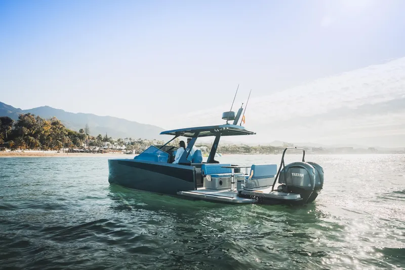 Yacht Photos Pics 2026 Virtue V10 T-Top boat cruising on serene waters near a scenic coastline.