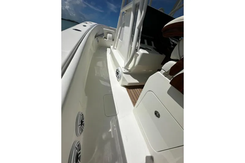  Yacht Photos Pics 2022 SeaVee 390Z boat interior with sleek white design and modern features.