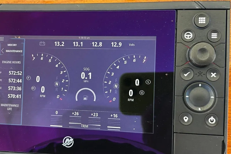  Yacht Photos Pics 2022 SeaVee 390Z dashboard display showing engine metrics and controls.