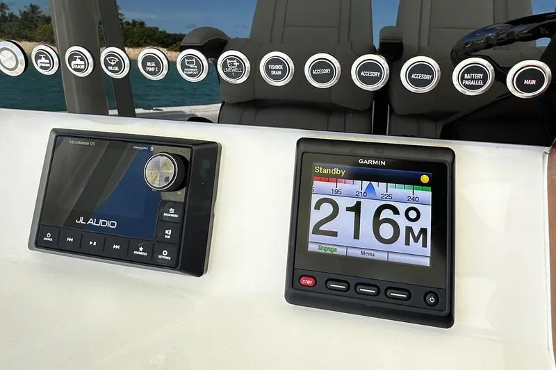 Yacht Photos Pics Dashboard of 2022 SeaVee 390Z with JL Audio and Garmin displays.