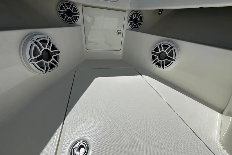  Yacht Photos Pics Interior of 2022 SeaVee 390Z boat featuring multiple speakers and sleek design.