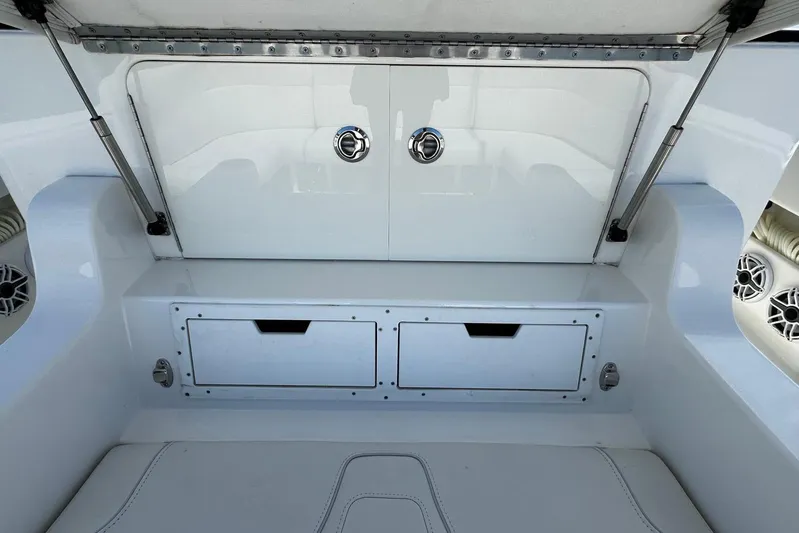  Yacht Photos Pics 2022 SeaVee 390Z boat interior with storage compartments and speakers.