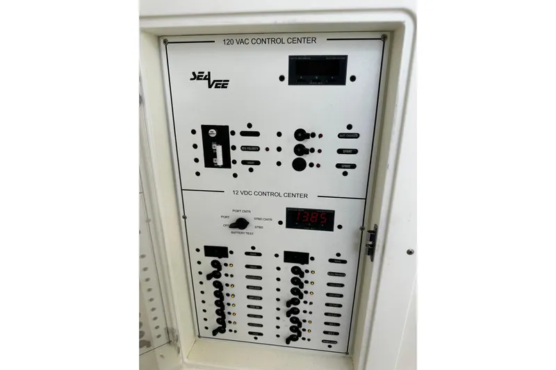  Yacht Photos Pics Control panel of 2022 SeaVee 390Z boat, featuring 120 VAC and 12 VDC systems.