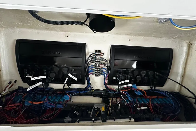  Yacht Photos Pics Electrical system of 2022 SeaVee 390Z boat with Garmin equipment and wiring.