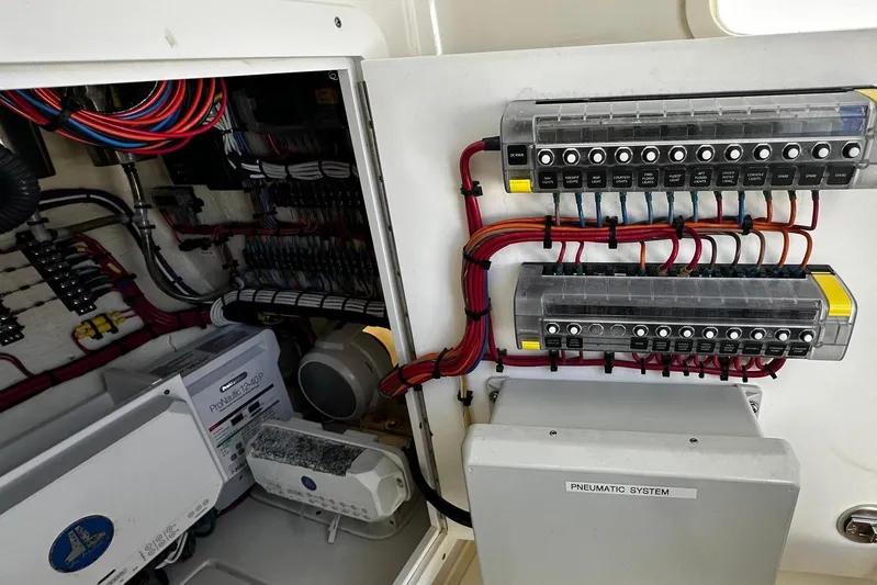  Yacht Photos Pics Electrical panel and wiring inside a 2022 SeaVee 390Z boat.