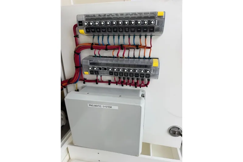  Yacht Photos Pics Electrical panel of 2022 SeaVee 390Z boat with labeled pneumatic system.