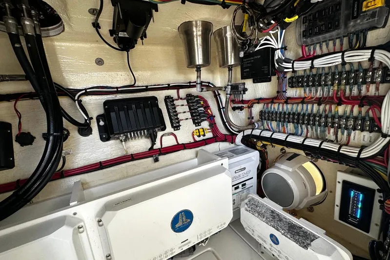  Yacht Photos Pics Electrical system of a 2022 SeaVee 390Z boat, showcasing wiring and components.