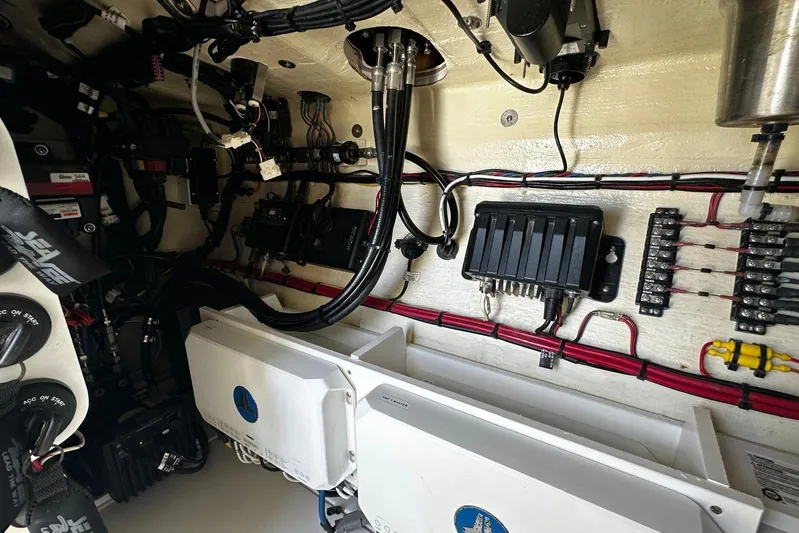  Yacht Photos Pics Engine room of 2022 SeaVee 390Z boat, showcasing wiring and electrical components.