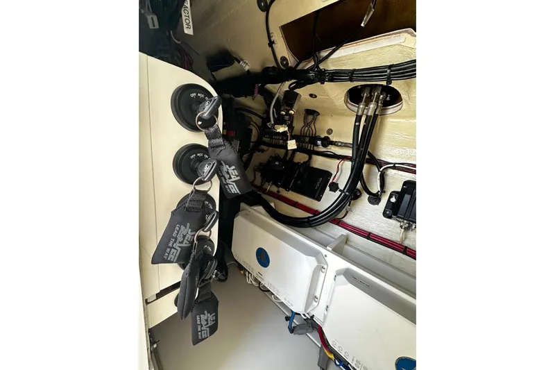  Yacht Photos Pics Interior view of 2022 SeaVee 390Z boat showing wiring and control systems.