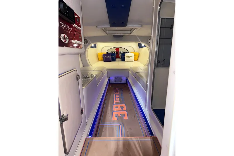 On Your Mark Yacht Photos Pics Interior of 2005 Cigarette 39 Top Gun Unlimited boat with modern design and ambient lighting.