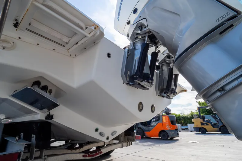  Yacht Photos Pics 2007 Intrepid 350 WA boat with powerful outboard motors on a trailer.