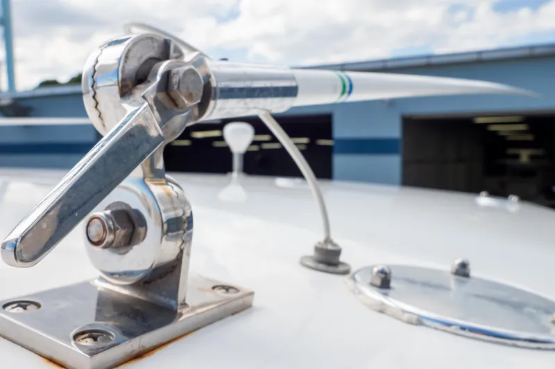  Yacht Photos Pics Close-up of a 2007 Intrepid 350 WA boat's metal fixture and antenna.