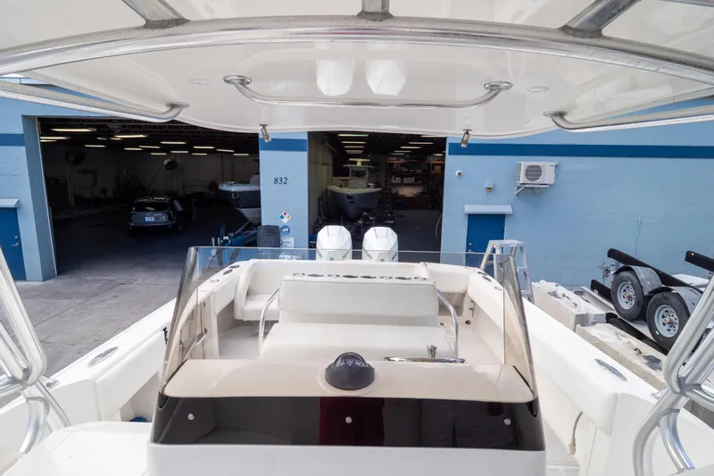  Yacht Photos Pics 2007 Intrepid 350 WA boat at a marina, viewed from the helm.