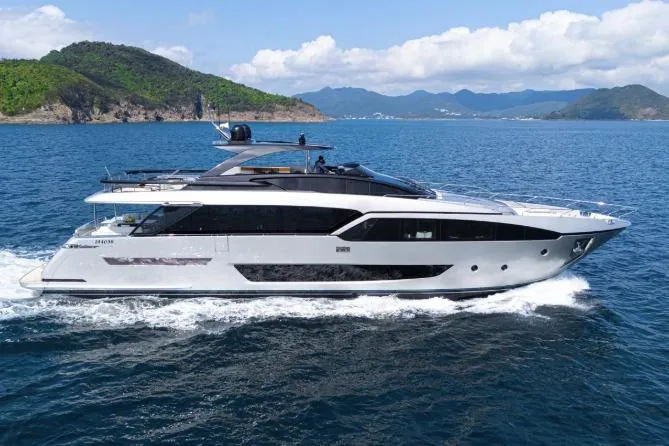  Yacht Photos Pics Luxury 2020 Riva 90 Argo yacht cruising in scenic coastal waters.