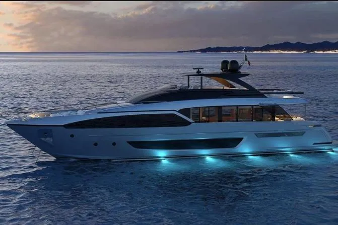  Yacht Photos Pics Luxury Riva 90 Argo yacht cruising at sunset, 2020 model, with elegant design and glowing lights.