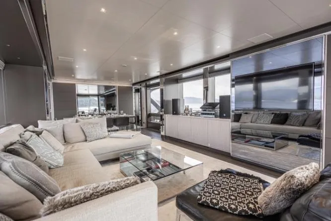 Yacht Photos Pics Luxurious interior of 2020 Riva 90 Argo yacht with modern furnishings and spacious design.