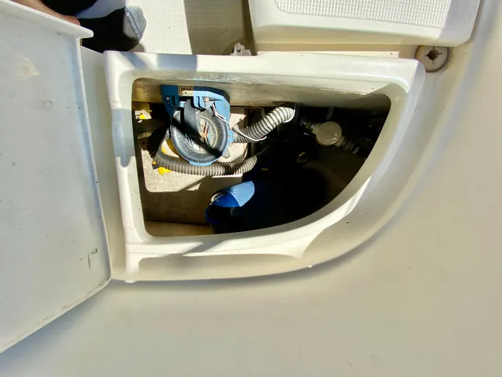 Encore Yacht Photos Pics 1998 Pacific Seacraft 37 engine compartment with visible wiring and components.