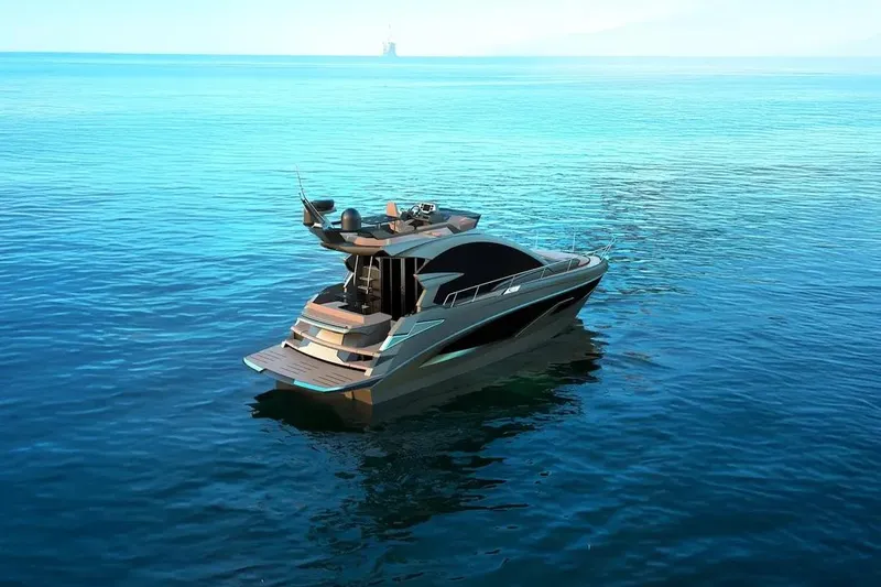  Yacht Photos Pics Luxury Cobrey 45 FLY yacht on serene blue ocean, 2025 model.