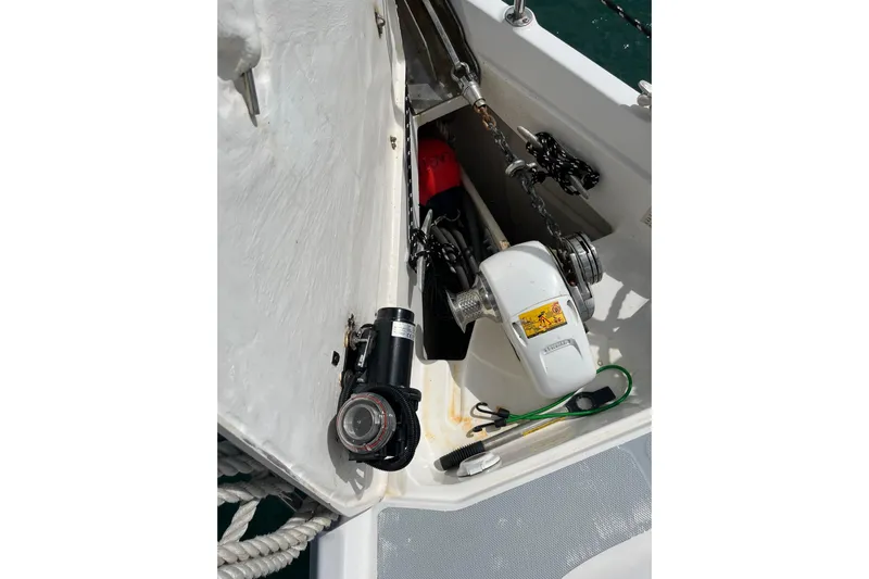 Pelagia Yacht Photos Pics Anchor locker of 1998 Hunter Passage 450 sailboat with winch and chain.