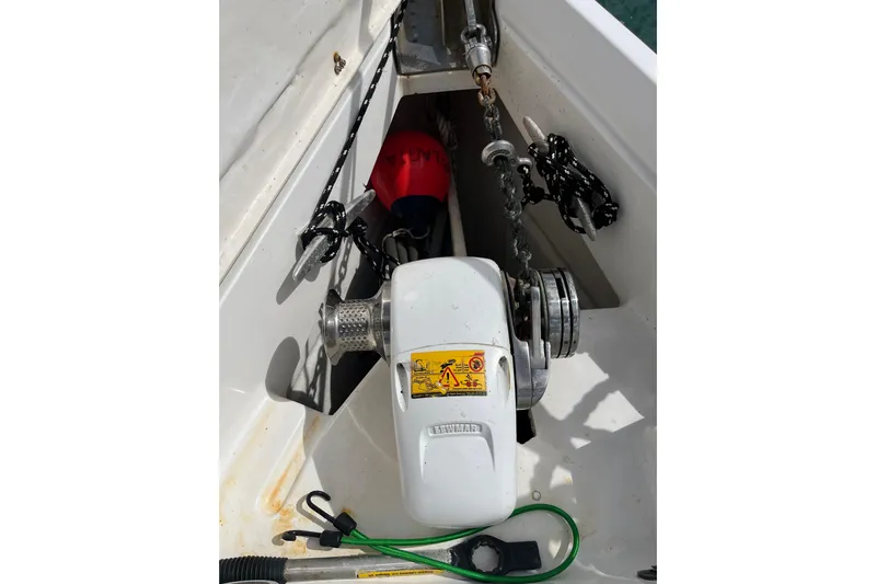 Pelagia Yacht Photos Pics Anchor winch system on 1998 Hunter Passage 450 sailboat deck.