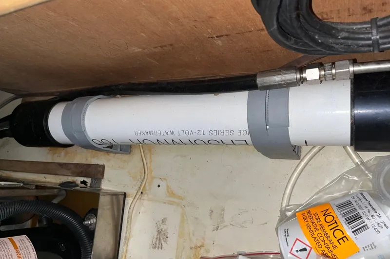 Pelagia Yacht Photos Pics 1998 Hunter Passage 450 boat interior showing a watermaker system installation.