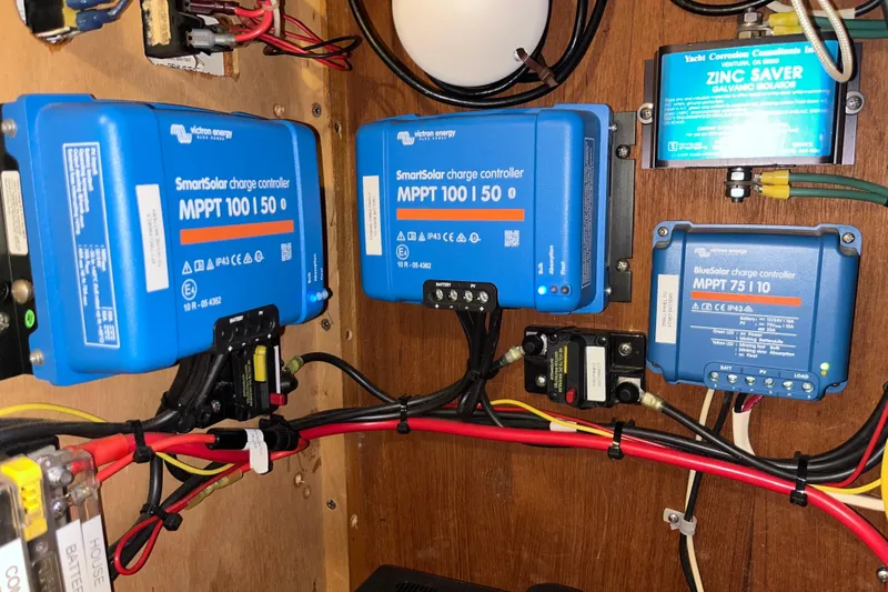 Pelagia Yacht Photos Pics Electrical setup with Victron Energy charge controllers on a 1998 Hunter Passage 450 yacht.