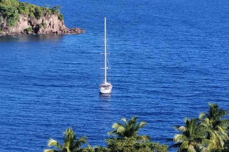Ibubi Yacht Photos Pics Sailboat Grand Soleil 54 (2010) on blue ocean near lush island.