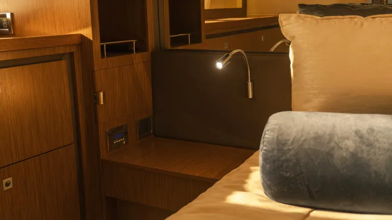 O-sea-d Yacht Photos Pics Luxurious cabin interior of 2017 Sea Ray 51 Flybridge yacht with elegant wood finish.