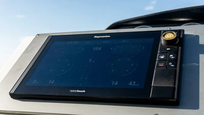 O-sea-d Yacht Photos Pics Raymarine display on 2017 Sea Ray 51 Flybridge yacht, showing navigation data.