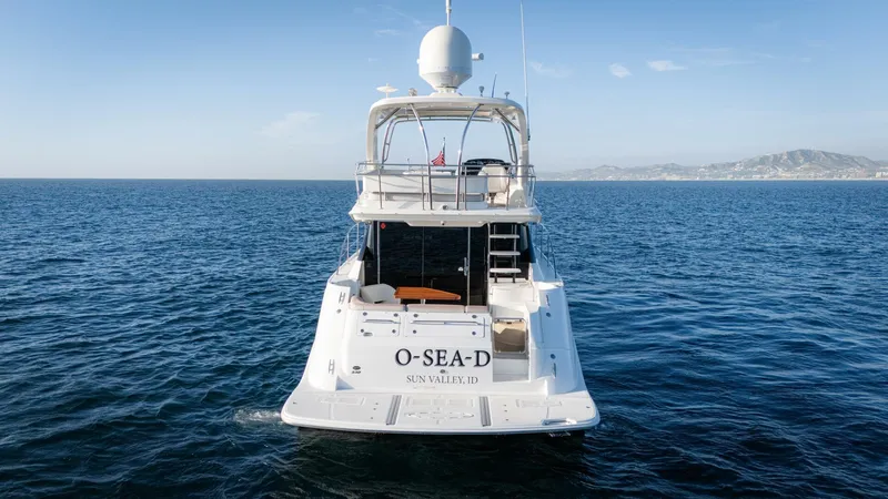 O-sea-d Yacht Photos Pics 2017 Sea Ray 51 Flybridge yacht on open water, rear view.