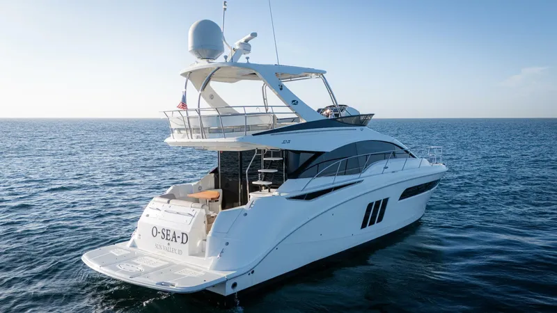 O-sea-d Yacht Photos Pics 2017 Sea Ray 51 Flybridge yacht cruising on open water, showcasing sleek design and luxury features.