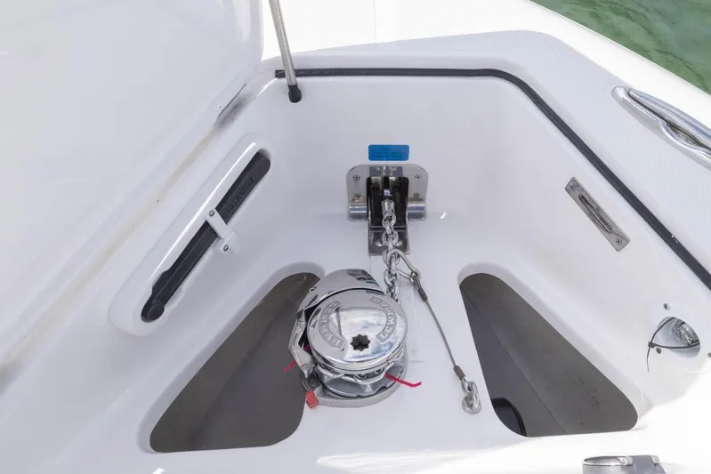Big B Yacht Photos Pics Anchor compartment of 2024 Blackwater 43 Sportfish boat with chain and winch.