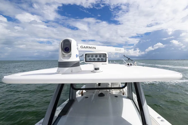 Big B Yacht Photos Pics 2024 Blackwater 43 Sportfish boat with Garmin radar on open water.