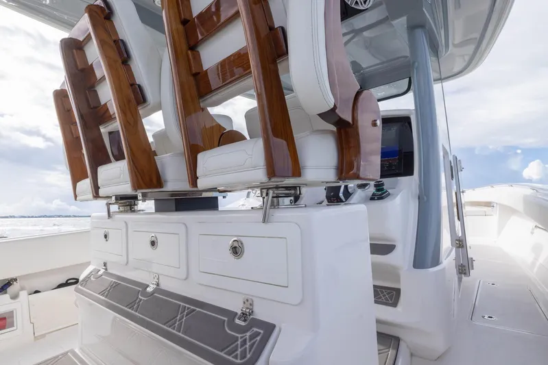 Big B Yacht Photos Pics 2024 Blackwater 43 Sportfish boat interior with luxurious seating and modern controls.